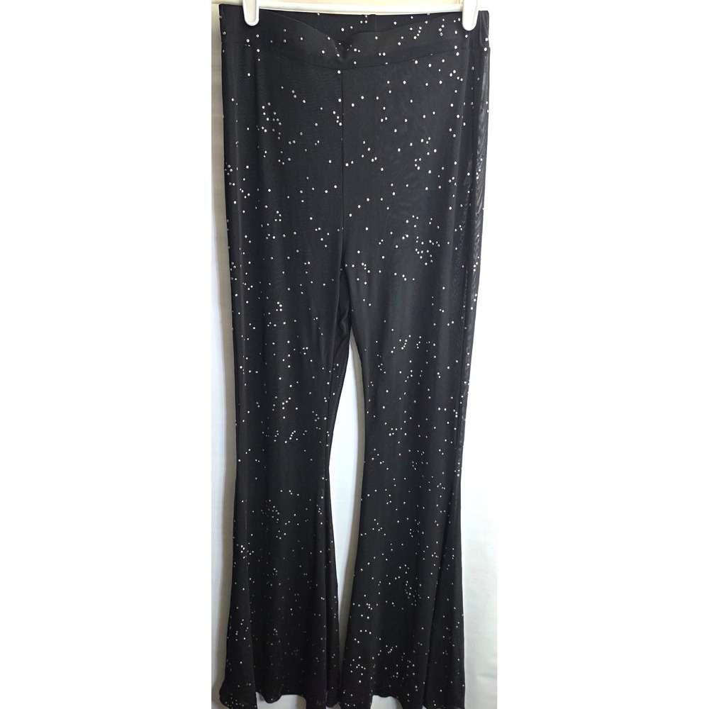Womens Black Flare Pants XL 28x32 Studded Embellished Mesh Sheer‎ Flare Bottoms